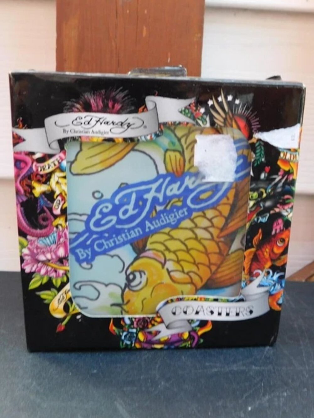 Set of 4 Ed Hardy By Christian Audigier Glass Coasters 4x 4” Koi Fish Mermaid